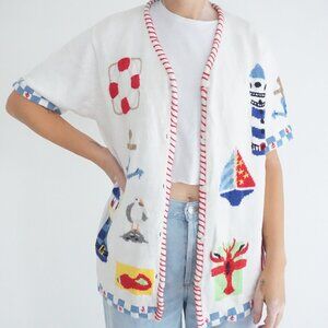 Vintage Quacker Factory Nautical Lighthouse Lobster Sailboat Cotton Cardigan M